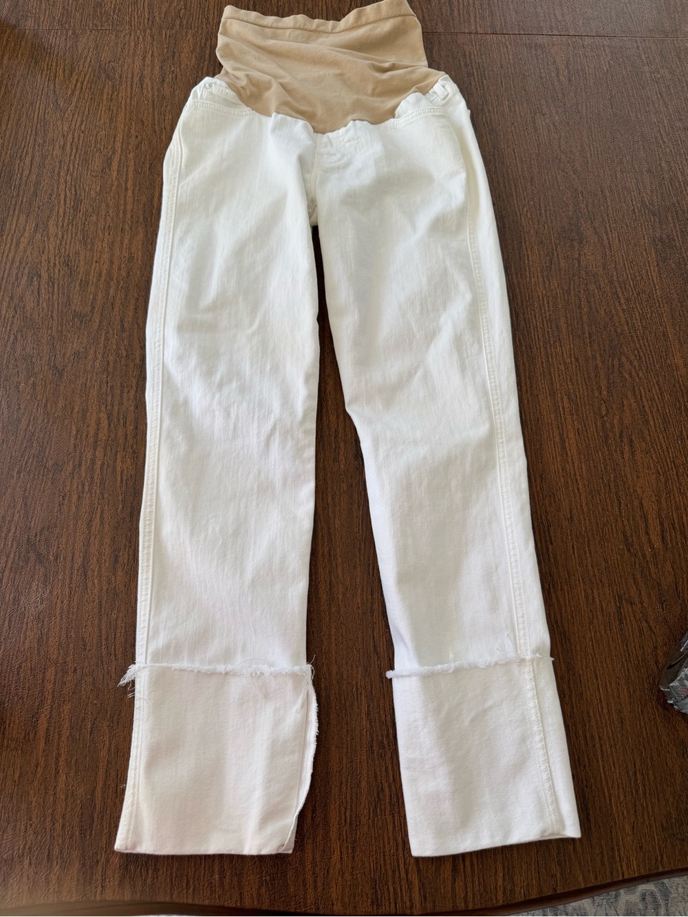 MOTHER White Straight-Leg Maternity Jeans with Beige Panel